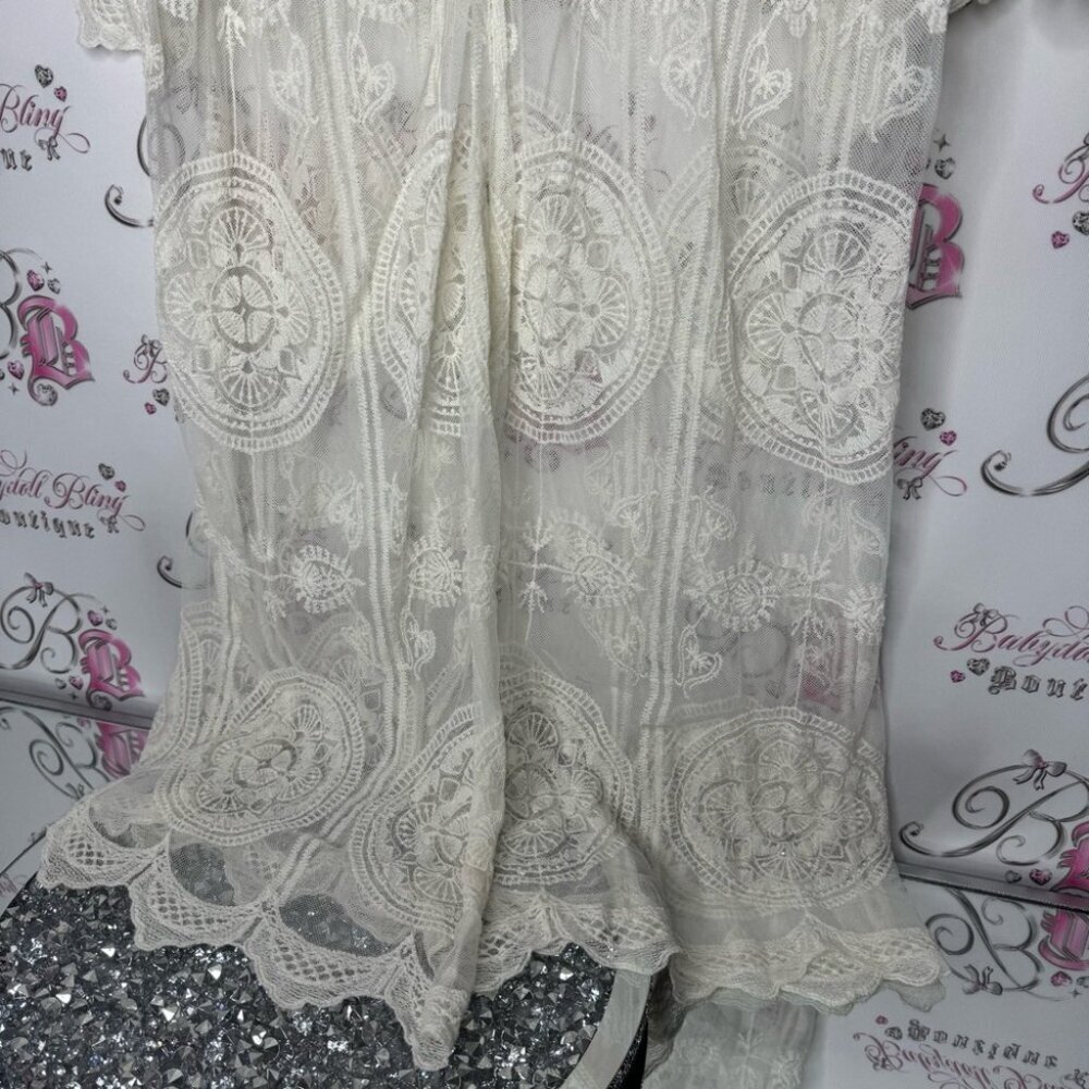 Cardigan Bohemian Lace Kimono Cardigan - White cream tie up ribbon belt ONESIZE - Picture 3 of 11